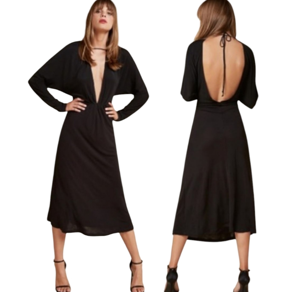 REFORMATION "Flores" Black Dolman Sleeve Midi Dress - Size XS